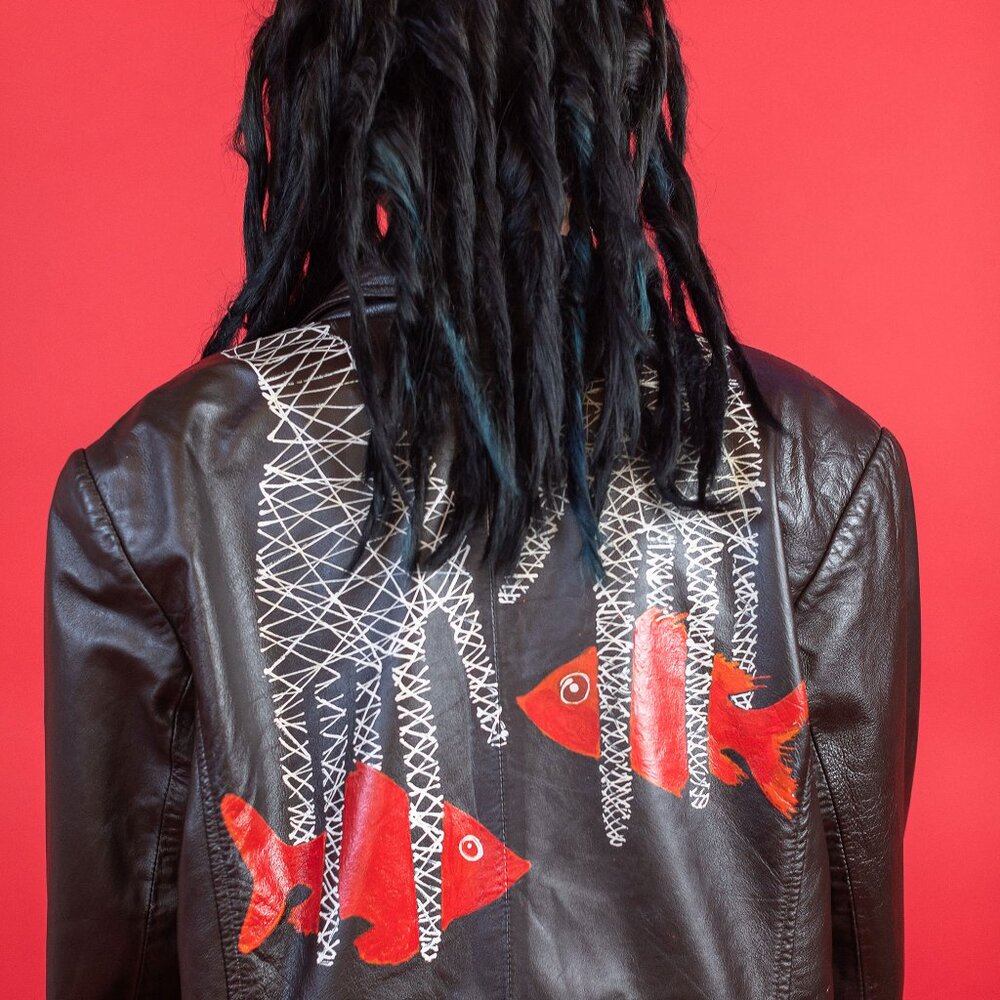 Hand-Painted Upcycled Leather Jacket by SPARK + REBEL, "Magic Hands" - Size M